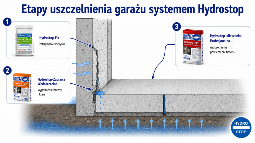 Zawilgocony garaż podziemny – skąd bierze się woda i jak to zatrzymać? 3 garaz podziemny system hydrostop