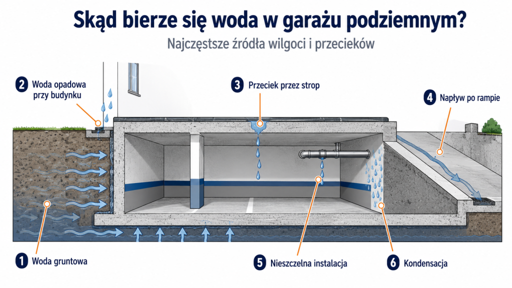 Zawilgocony garaż podziemny – skąd bierze się woda i jak to zatrzymać? 2 skad woda w garazu