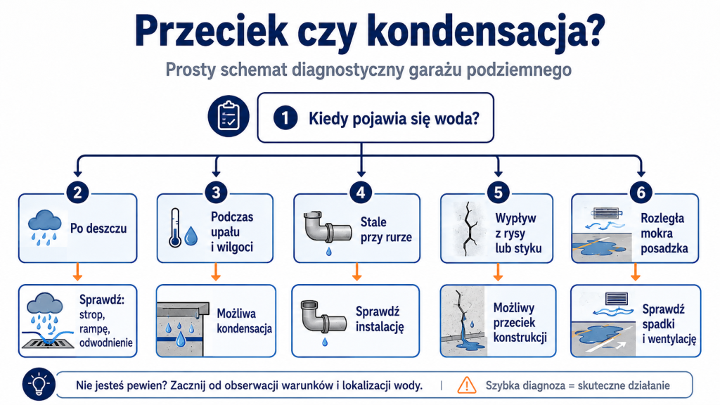Zawilgocony garaż podziemny – skąd bierze się woda i jak to zatrzymać? 1 woda w garazu przeiek czy kondensacja 1